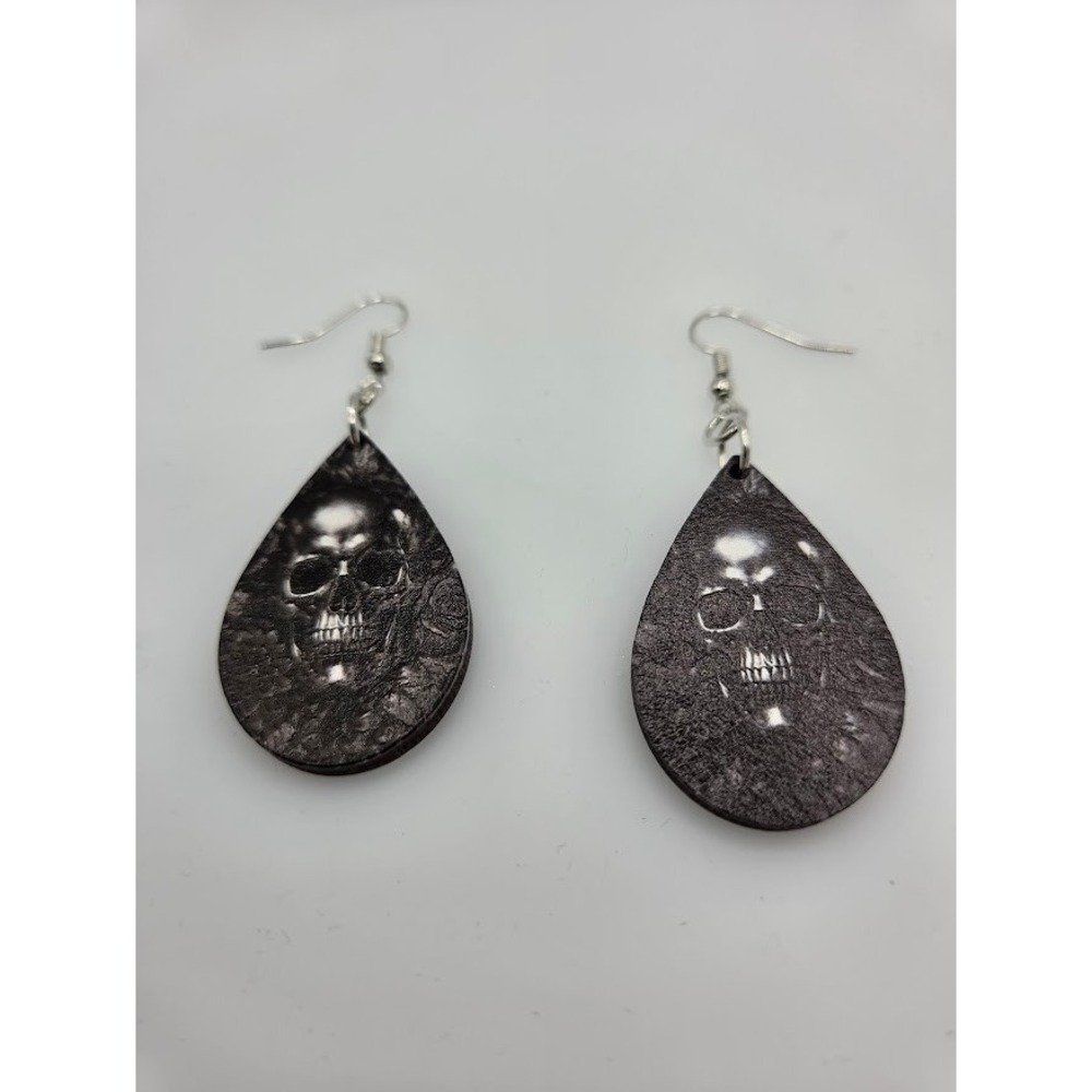 Handmade Earrings Silver Teardrop Goth Skull Dangle Stainless Steel Findings